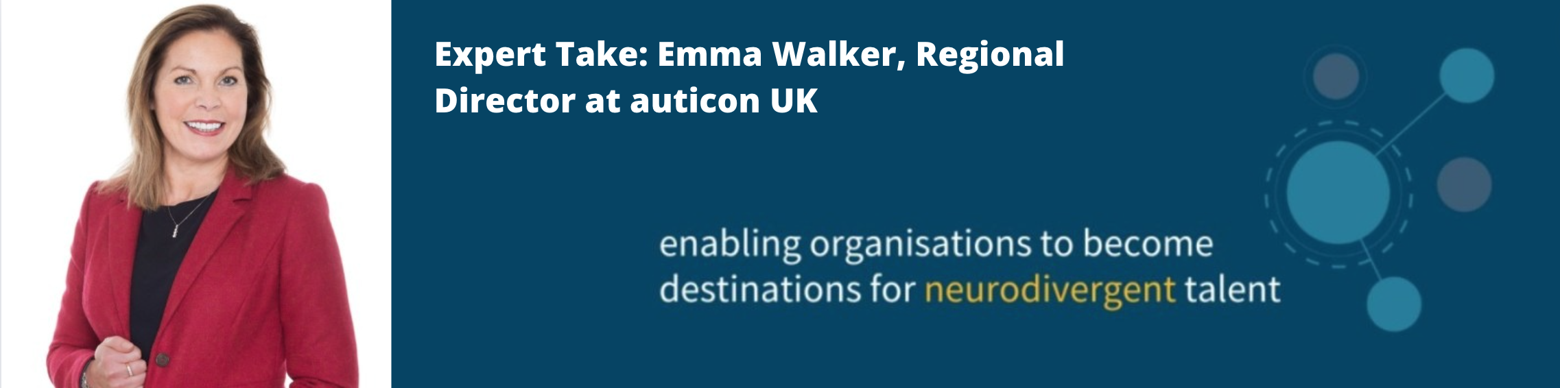 Photo of Emma Walker, facing the camera in a red jacket next to a heading that reads: Expert Take: Emma Walker, Regional Director at auticon UK. On a blue background.